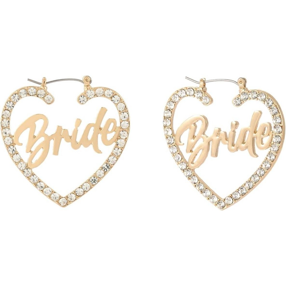 Bride Heart Hoop Earrings Rhinestone Gold Tone Wedding Bachelorette Party Gift